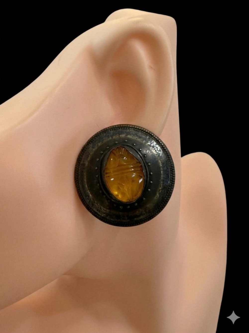 Vintage Signed TABRA Amber Glass Scarab Beetle Earrings
